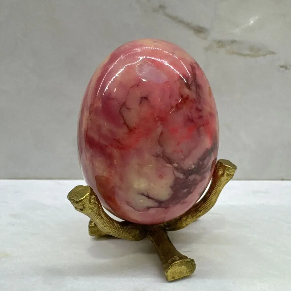 Vintage Polished Natural Stone Egg Pink Hue & Brown Yello Veins w/ Stand Turtle